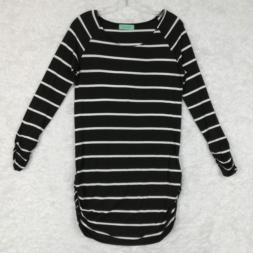 Fully Flair Womens Top Tunic Black White Horizontal Stripe Long Sleeve Rouched M